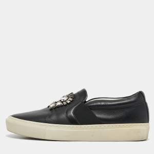 Pre Owned Lanvin Black Leather Crystal Embellished Lace Up Sneakers Size 38