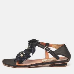 Lanvin Black Satin Crystals Embellished Flat Sandals Size 37