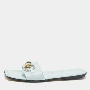 Lanvin Blue Leather Embellished Flat Slides Size 38