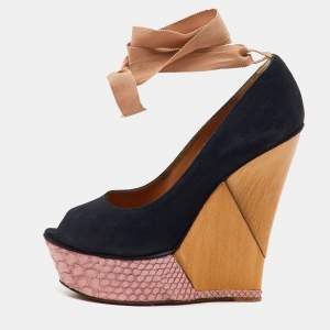 Lanvin Navy Blue/Pink  Suede and Snakeskin Ankle Wrap Platform Wedge Pumps Size 38