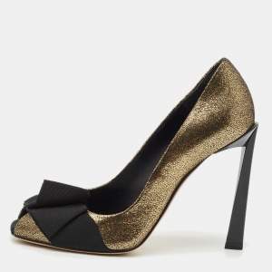 Lanvin Gold/Black Fabric and Leather Bow Peep Toe Pumps Size 36.5