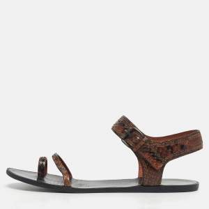 مملوكة مسبقًا Lanvin Size 38 Brown Snakeskin Leather Ring Toe Ankle Strap Flat Sandals