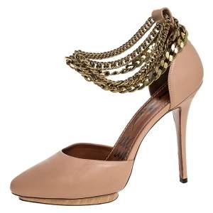 Pre Owned Lanvin Beige Leather Gold-Tone Chain Ankle Strap D'orsay Platform Pumps Size 40 