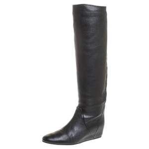 Lanvin Black Leather Knee Length Wedge Boots Size 37