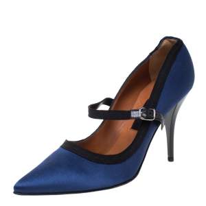 Pre Owned Lanvin Blue/Black Satin Mary Jane Pointed Toe Pumps Size 38