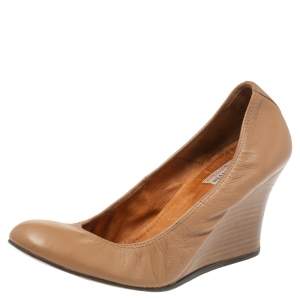Pre Owned Lanvin Nude Beige Leather Scrunch Wooden Wedge Pumps Size 40