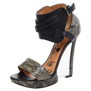 Lanvin Green/Black Python And Leather Wedge Platform Ankle Strap Sandals Size 38