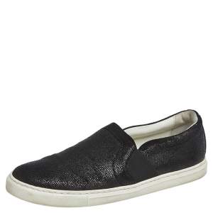 Lanvin Black Lizard Embossed Leather And Suede Slip On Sneakers Size 37