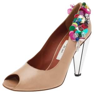 Pre Owned Lanvin Beige Leather Embellished Peep Toe Pumps Size 38