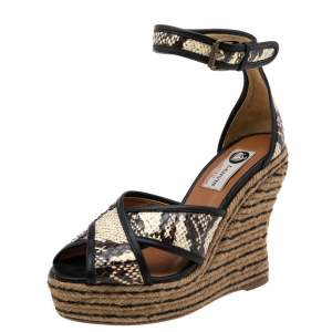 Lanvin Beige/Brown Python Embossed Leather Platform Wedge Sandals Size 37