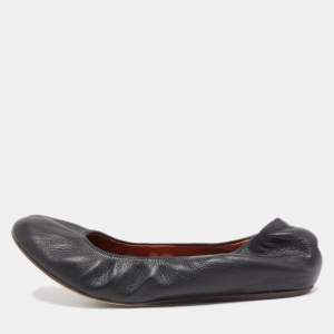 Pre Owned Lanvin Black Leather Scrunch Ballet Flats Size 38
