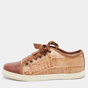 Lanvin Brown Croc Embossed Leather Lace Up Low Top Sneakers Size 36