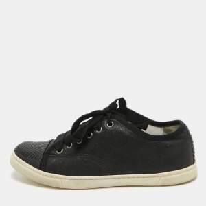 Pre Owned Lanvin Black Leather and Snakeskin Cap Toe Low Top Sneakers Size 37
