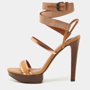 Lanvin Brown/Metallic Leather Platform Ankle Wrap Sandals Size 38