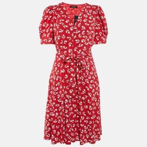 Lauren Ralph Lauren Red Floral Print Crepe V-Neck Short Dress M
