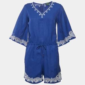 Lauren Ralph Lauren Blue Embroidered Linen Blend Playsuit S