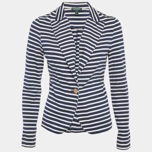 Pre Owned Lauren Ralph Lauren Navy Blue Stripe Cotton Knit  Jacket XS