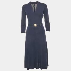 Pre Owned Lauren Ralph Lauren Navy Blue Jersey Belted V-Neck Midi Dress S
