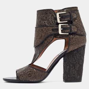 Laurence Dacade Bronze/Black Glitter and Leather  Ankle Strap Sandals Size 39.5