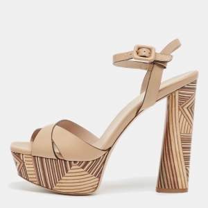 Le Silla Beige Leather Ankle Strap Platform Sandals Size 39