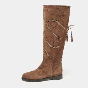 Le Silla Brown Laser Cut Suede Whipstitched Knee Length Boots Size 37