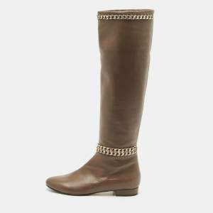 Le Silla Brown Leather Chain Detail Knee High Boots Size 37
