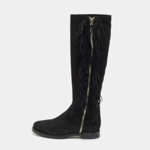 Le Silla Black Suede Fringe Trim Knee Length Boots Size 37.5