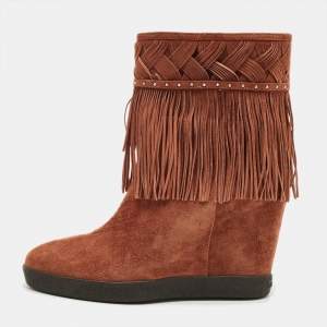 Pre Owned Le Silla Brown Suede Fringe Wedge Ankle Length Boots Size 36