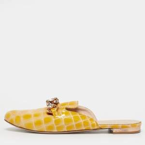Pre Owned Le Silla Yellow Croc Embossed Patent Leather Crystal Embellished Chain Flat Mules Size 37