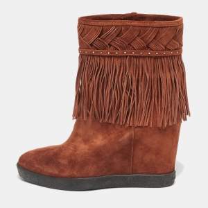 Pre Owned Le Silla Brown Suede Fringe Wedge Ankle Boots Size 37.5