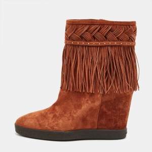 Pre Owned Le Silla Brown Suede Fringe Wedge Ankle Boots Size 38