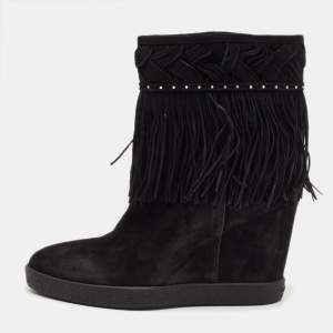 Pre Owned Le Silla Black Suede Fringe Wedge Ankle Boots Size 37