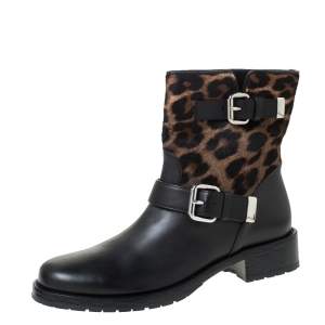 Pre Owned Le Silla Black Leather And Leopard Print Pony Hair Ankle Boots Size 39