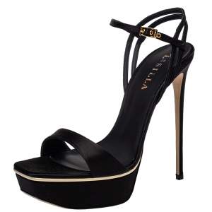 Le Silla Black Satin Platform Ankle Strap Sandals Size 40
