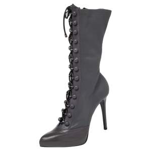 Le Silla Grey Leather Lace Up Mid Calf Boots Size 38.5