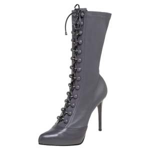 Le Silla Grey Leather Lace Up Mid Calf Boots Size 40