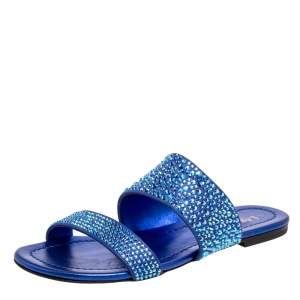 Le Silla Blue Leather And Crystal Embellished Suede Flat Slides Size 36