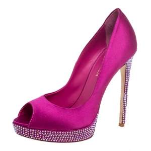 Le Silla Purple  Satin Crystal Embellished Platform Peep Toe Pumps Size 38 