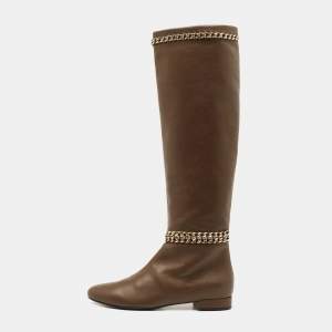 Le Silla Brown Leather Chain Detail Knee High Boots Size 38