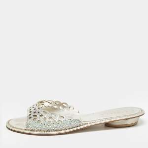 Le Silla Silver Crystal Embellished Textured Suede Flat Slides Size 37.5