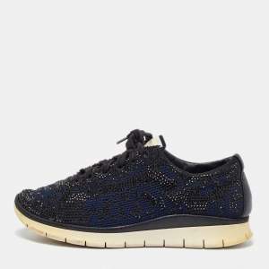 Le Silla Navy Blue/Black Knit Fabric and Leather Crystal Embellished Low Top Sneakers Size 42