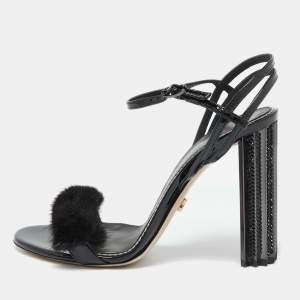 Le Silla Black Fox Fur and Patent Leather Ankle Strap Sandals Size 39