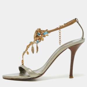 Le Silla Metallic Leather Crystal Embellished Ankle Strap Sandals Size 39