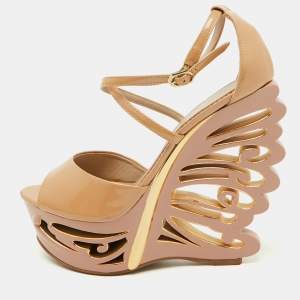 Le Silla Beige Patent Leather Butterfly Platform Wedge Sandals Size 38