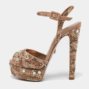Le Silla Beige Suede Crystal Embellished Platform Ankle Strap Sandals Size 37