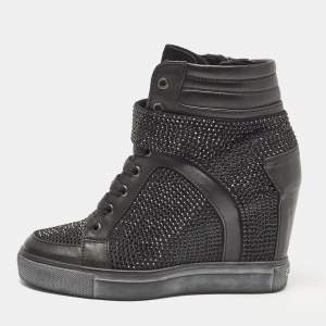 Le Silla Black Crystals and Leather Wedge Sneakers Size 36