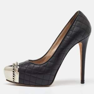 Le Silla Black Quilted Leather Metal Cap Toe Platform Pumps Size 38