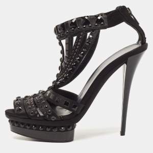 Le Silla Black Satin Crystal Embellished Platform Sandals Size 38