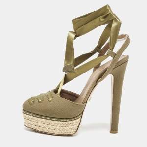 Le Silla Green Canvas Platform Ankle Tie Pumps Size 36