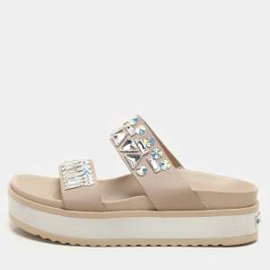Le Silla Beige Leather Crystal Embellished Platform Sandals Size 37